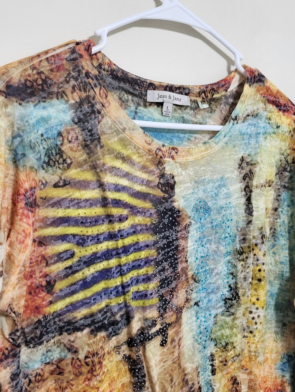 Jess & Jane Artsy Burnout Tunic Top Colorful Abstract Studded Asymmetric Sz Lg - Picture 2 of 6
